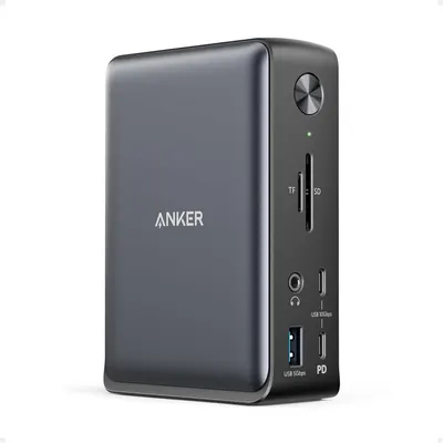 Displays the Anker hub device clearly showing all available ports and connectivity options to communicate the product's versatility and functionality as a multi-port hub.