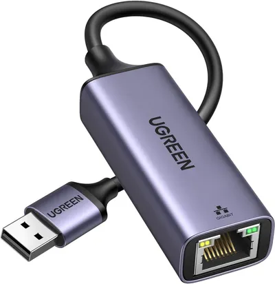 Shows the core product clearly on a white background to communicate what the shopper is purchasing: a USB to Ethernet adapter with gigabit capability.