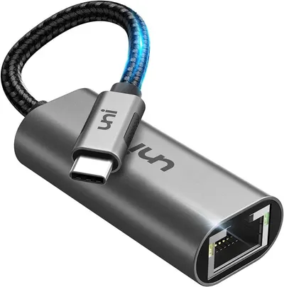Shows the core product clearly on a white background to communicate what the buyer will receive: a USB-C to Ethernet adapter with a durable braided cable and metal housing. Uses a subtle drop shadow…