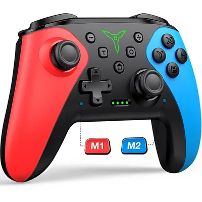 Displays the core gaming controller product with its distinctive red and blue color scheme, showing all buttons and controls clearly to help shoppers understand what they are purchasing. Uses…