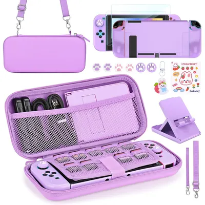 Displays the complete accessory kit for a handheld gaming console, showing the protective case, console cover, carrying strap, stand, and decorative stickers to communicate the full value of the…