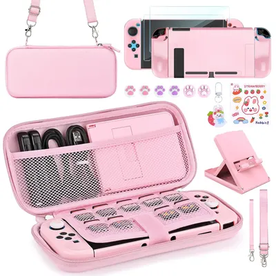 Communicates that this is a comprehensive accessory kit for a gaming console, showing all included items—carrying case, protective covers, screen protector, thumb grips, stickers, strap, and…