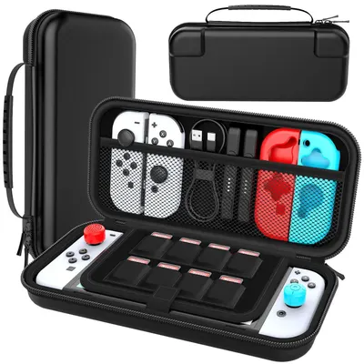 Shows the carrying case product with its interior organization system, demonstrating how it protects and stores a gaming console, controllers, game cartridges, and accessories in dedicated…
