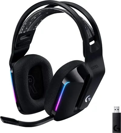 Displays the core gaming headset product with its wireless USB dongle, showing the design, RGB lighting feature, and included connectivity accessory to help shoppers understand what they will…