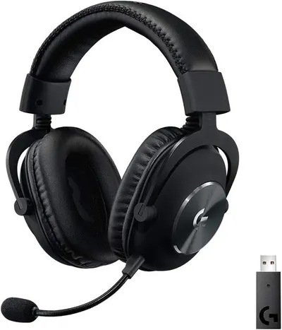 Displays the core product clearly on a white background to show the headset design, ear cushions, adjustable headband, boom microphone, and included USB adapter. Shows the included USB wireless…