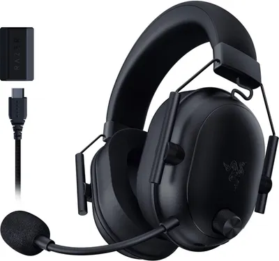 Displays the core gaming headset product with its attached microphone and included wireless adapter and USB cable, showing shoppers exactly what they will receive. Shows the included accessories…