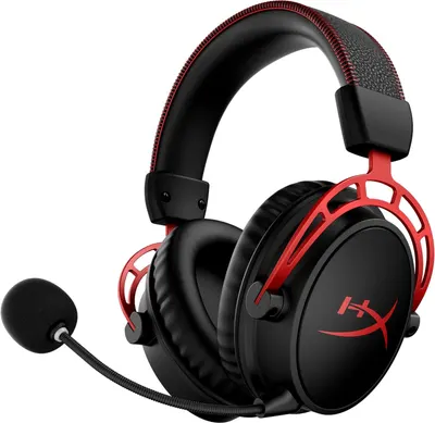 Displays the core gaming headset product clearly on a white background, showing its design, red and black color scheme, HyperX branding, and attached boom microphone to help shoppers understand what…