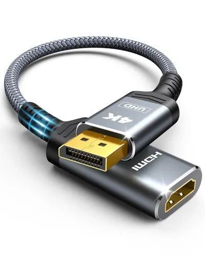 Shows the HDMI adapter cable with premium braided construction and gold-plated connectors to communicate quality and durability to shoppers looking for a reliable connection solution. Uses sparkle…