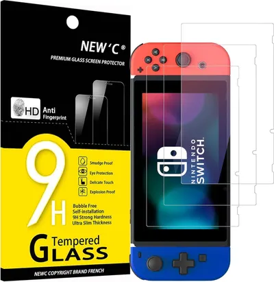 Shows the core product—a tempered glass screen protector for Nintendo Switch—alongside the device it protects, demonstrating fit and clarity to reassure shoppers of compatibility and quality.…