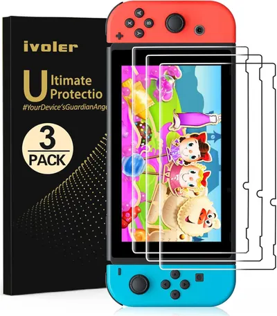 Shows the core product - a 3-pack of screen protectors for Nintendo Switch - clearly displayed with the gaming device to demonstrate fit and compatibility. Displays the retail packaging box…