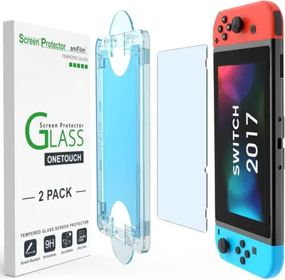 Shows the complete product bundle including the Nintendo Switch 2017 console, a clear protective case, and tempered glass screen protectors to communicate what the shopper will receive. Displays the…