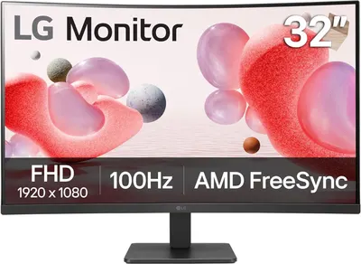 Displays the LG monitor as the core product with key technical specifications clearly visible to inform shoppers about screen size, resolution, refresh rate, and gaming compatibility. Uses a drop…