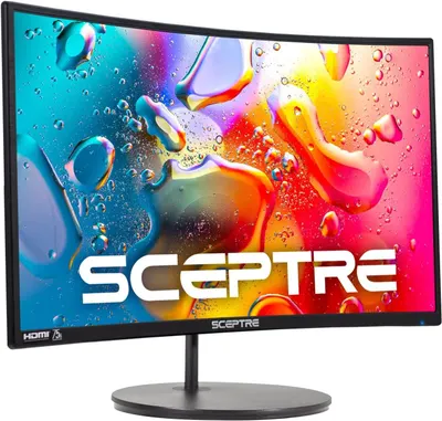 Shows the monitor displaying a vibrant, colorful abstract image to communicate the screen's color reproduction quality and visual performance to shoppers. Uses a subtle drop shadow beneath the…