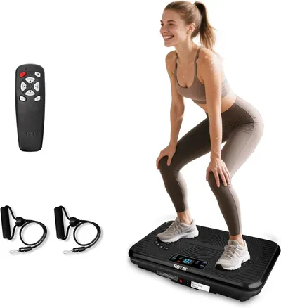 Shows a person actively using the vibration plate to demonstrate proper usage, scale, and fitness application, helping shoppers visualize themselves using the product. Displays the included…