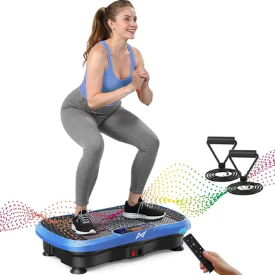 Shows a person actively using the vibration plate to help shoppers visualize how the product works and understand its size and proper usage. Demonstrates the product in action during a workout,…