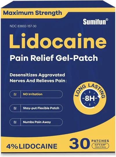 Shows the retail packaging to communicate the product's maximum strength formula, 8-hour long-lasting pain relief, and key benefits like no irritation and flexible patch design.