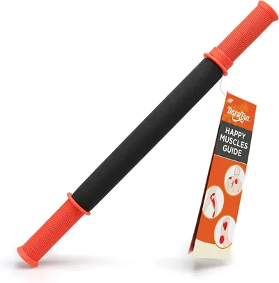 Displays the core product, a muscle massage roller stick with textured handles and foam center, to show shoppers exactly what they will receive. Shows the included Happy Muscles Guide hang tag to…