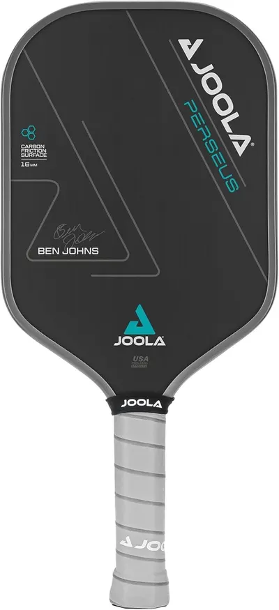 Displays the JOOLA Perseus pickleball paddle with its carbon friction surface and Ben Johns signature to communicate premium quality and professional-grade performance.