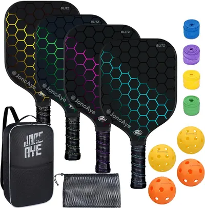 Displays the complete pickleball paddle set with all included items (paddles, balls, grips, bag, and mesh pouch) to show shoppers exactly what they will receive and the variety of color options…