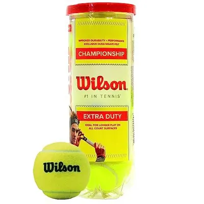 Shows the Wilson Championship Extra Duty tennis balls in their retail canister alongside loose balls to clearly display the product and its packaging, helping shoppers identify what they will…