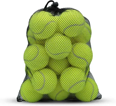 Shows the core product - a collection of tennis balls packaged in a black mesh drawstring bag, allowing shoppers to see the quantity and condition of the balls clearly. Demonstrates how the tennis…
