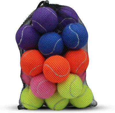 Shows the complete set of colorful tennis balls included in the mesh bag, communicating the quantity and color assortment the buyer will receive. Demonstrates the included mesh bag packaging that…
