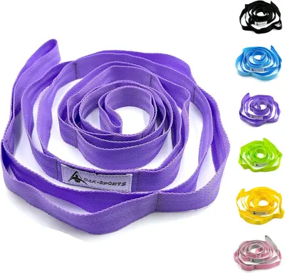 Displays the core product, a purple yoga/stretching strap with brand label, clearly showing its coiled form and construction quality. Shows the shopper that this stretch strap is available in six…