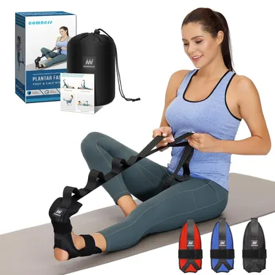 Shows a person actively using the plantar fasciitis foot stretcher to demonstrate proper positioning and usage, helping shoppers understand how to use the product and visualize themselves using it.…