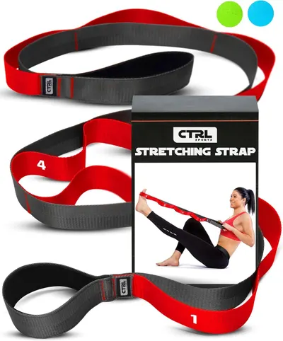 Shows the core product—a set of stretching straps with numbered loops—clearly displayed to communicate what the buyer will receive. Displays the retail packaging to reassure shoppers about the…