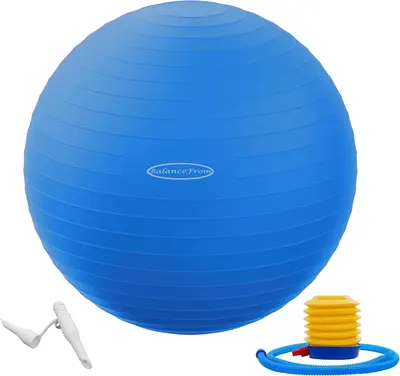 Shows the core product, a blue exercise ball with included pump, clearly displayed to help shoppers understand what they are purchasing. Demonstrates that the purchase includes a manual foot pump…