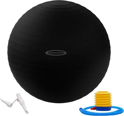 Shows the core product, a black exercise ball with BalanceFrom branding, clearly displayed to help shoppers understand what they are purchasing. Demonstrates that the purchase includes a manual foot…