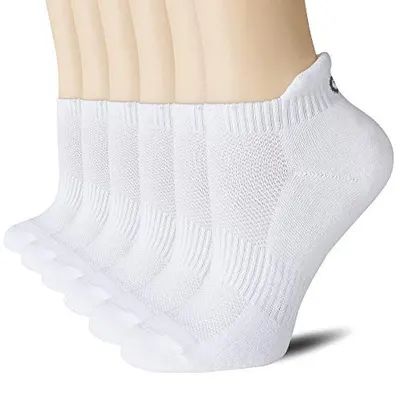Displays the core product—a multi-pack of white low-cut athletic socks—on mannequin feet to show fit, style, and quantity included in the purchase. Uses mannequin feet to demonstrate how the socks…