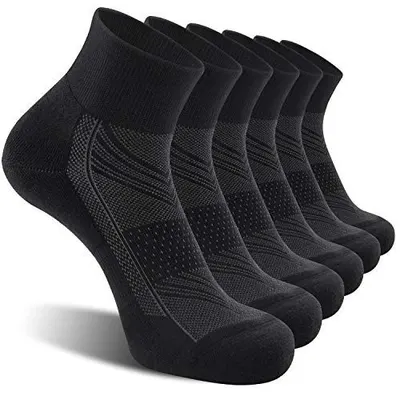 Displays the core product—a 6-pack of black athletic ankle socks—in a clean catalog-style presentation to show the buyer exactly what they will receive.