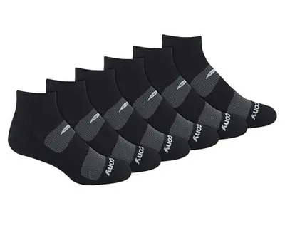Displays the core product, a 6-pack of black athletic ankle socks with gray arch support, clearly showing what the buyer will receive.