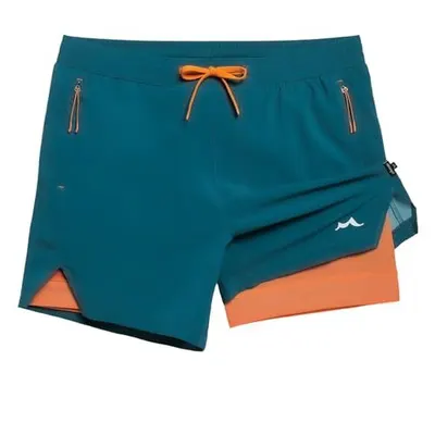 Displays the core product clearly on a white background, showing the athletic shorts with distinctive teal outer layer and orange inner layer, along with functional features like zippered pockets…