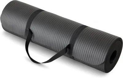 Shows the core product clearly on a white background to communicate what the shopper is purchasing: a rolled exercise mat with integrated carrying straps for portability. Uses a subtle drop shadow…