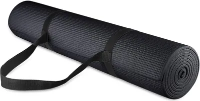 Shows the core product, a rolled yoga or exercise mat with textured surface and integrated carrying strap, to communicate what the buyer will receive. Uses a subtle drop shadow beneath the mat to…