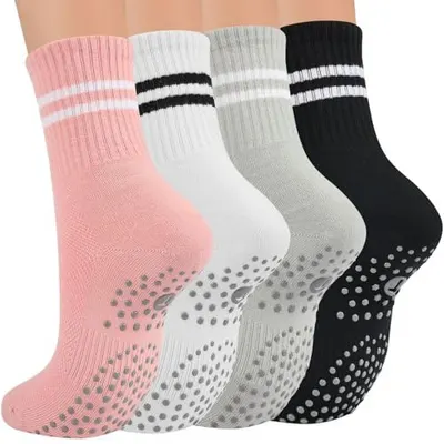 Shows the product as a 4-pack of socks in different colors with non-slip grip dots on the soles, helping shoppers understand the variety and safety feature included in the purchase. Demonstrates how…