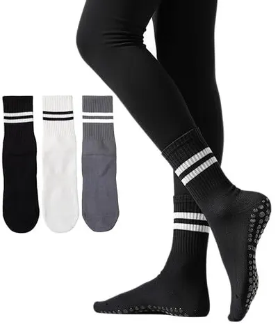 Shows the core product (non-slip socks) with grip dots on the sole and athletic striping, communicating both safety and style to shoppers. Displays three available color choices to help shoppers…