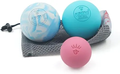 Displays the complete product set including three massage balls of different sizes and colors plus a mesh carrying pouch, showing shoppers exactly what they will receive. Shows that the purchase…