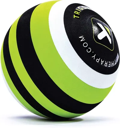 Displays the core product clearly with its distinctive striped design and branding to help shoppers identify the massage therapy ball. Uses a subtle drop shadow beneath the ball to create depth and…