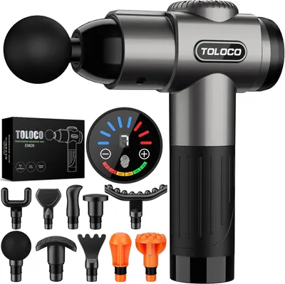 Shows the core product, a TOLOCO percussion massage gun, clearly displayed to help shoppers understand what they are purchasing. Displays all included massage head attachments and accessories to…