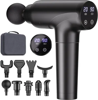 Shows the core massage gun product with its digital control interface displaying speed and intensity settings, communicating the product's adjustable…