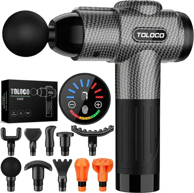 Displays the core product (massage gun) prominently with its carbon fiber texture and branding to show shoppers exactly what they are purchasing. Shows all…