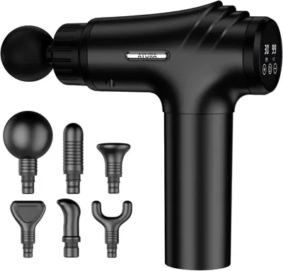 Displays the core product, an AYURA massage gun with digital speed settings, to show shoppers exactly what they will receive. Shows the six included massage…