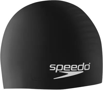 Displays the core product, a Speedo swim cap, with clear brand visibility to communicate quality and authenticity to shoppers. Uses a gradient dark background…