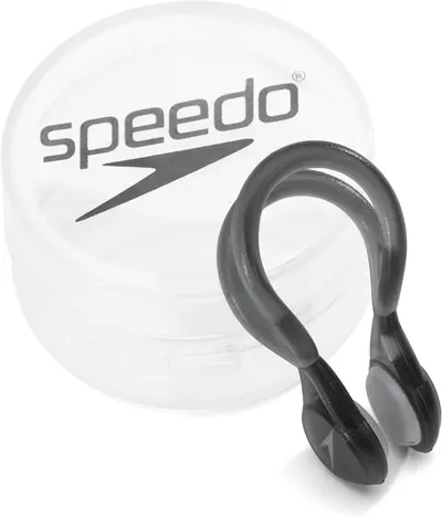 Shows the core Speedo nose clip product alongside its branded storage case to communicate what the buyer receives and reinforce brand trust. Displays the physical Speedo-branded storage case that…