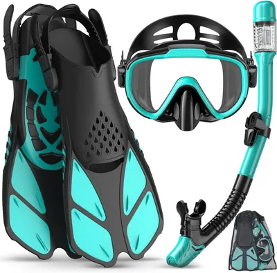 Displays the complete snorkeling kit including fins, mask, snorkel, and carrying bag to show shoppers exactly what they will receive in their purchase. Shows…