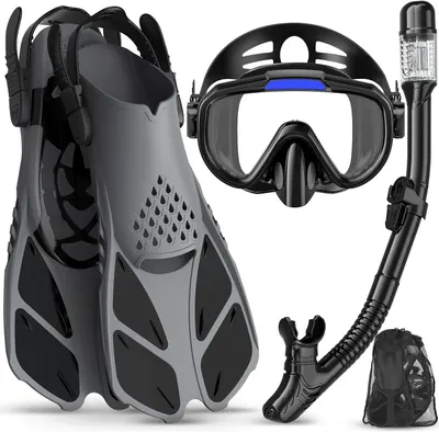 Displays the complete snorkeling kit including fins, mask, snorkel, and carrying bag to show shoppers exactly what components are included in their purchase.…