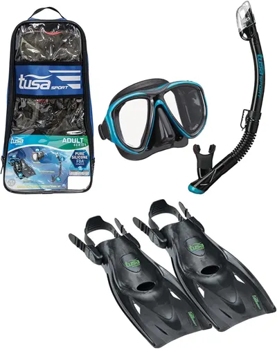 Displays the complete snorkeling kit including mask, snorkel, fins, and carrying bag to show shoppers everything included in the purchase. Shows all the…
